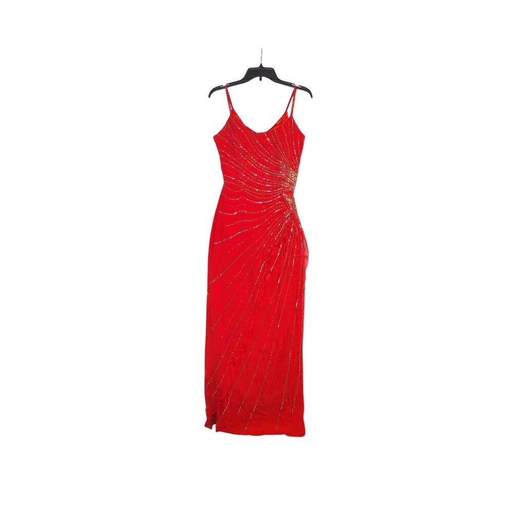 Pink Beaded Silk Gown With Spaghetti Straps & Sparkling Design Size 10